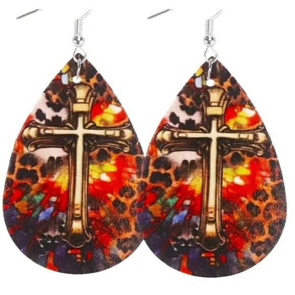 Cross Leather Dangle‎ Earrings New - Picture 1 of 2